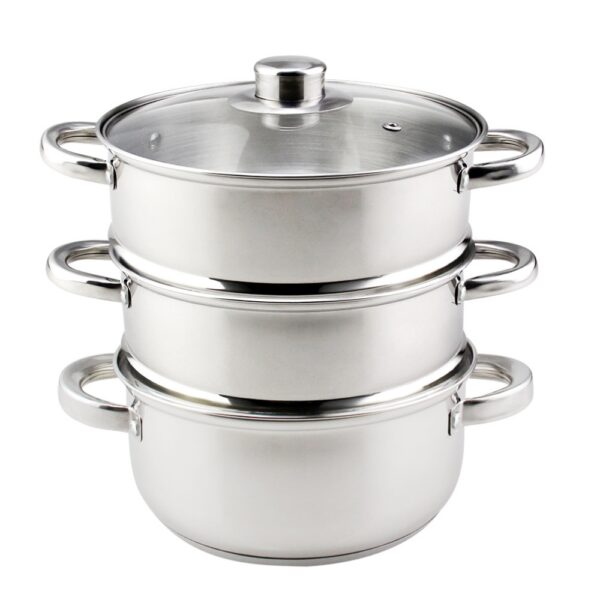 4-Piece Metal Steamer Set with Lid and 2 Tiers 4-Piece Metal Steamer Set with Lid and 2 Tiers