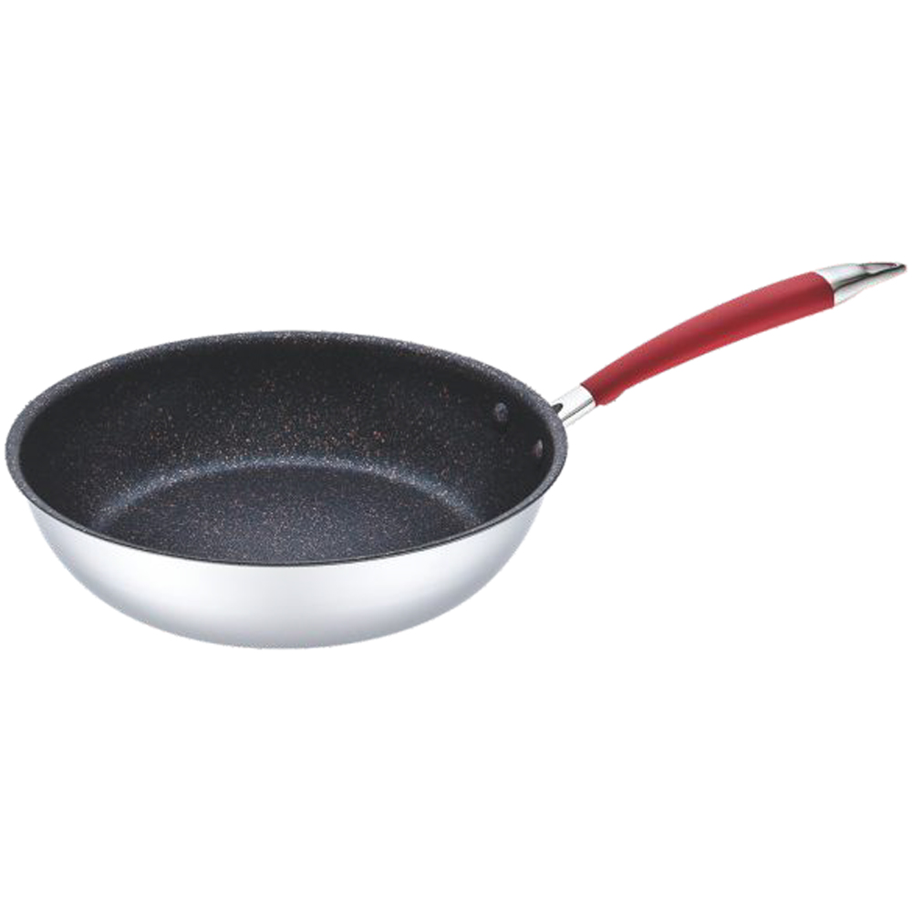 Wholesale Frying Pan Supplier with Red Handle and Speckled Interior